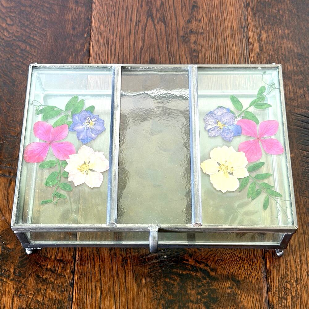 Vintage Glass Trinket Box with Hinged Lid & Pressed Flower Design